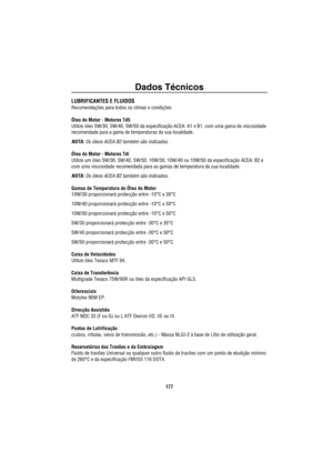 Page 1Dados Técnicos
177
Da do s Té cnic os Dad os  Téc nico sLUBRIFICANTES E FLUIDOS
Recomenda ções para todos os climas e condi ções.
Ó leo do Motor - Motores Td5
Utilize  óleo 5W/30, 5W/40, 5W/50 da especifica ção ACEA: A1 e B1, com uma gama de viscosidade 
recomendada para a gama de temperaturas da sua loca lidade.
NOTA: Os óleos ACEA B2 também são indicados.
Óleo do Motor - Motores Tdi
Utilize um  óleo 5W/30, 5W/40, 5W/50, 10W/30, 10W/40 ou 10W/50 d a especificação ACEA: B2 e 
com uma viscosidade...