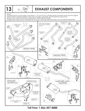 Page 14EXHAUST COMPONENTS
NOTES
The pipes shown on this page cover Series I, II, IIA and III Four Cylinder petrol and diesel. Note that the original
Series II petrol manifold and front pipe are no longer supported. Use the Series IIA type shown.
We also carry some Six Cylinder components. Please ask for details.
Hangers are usually sold as complete kits as shown although individual parts can be ordered separately.
FRONT PIPES
MIDDLE PIPES
MUFFLERS AND
TAILPIPES
88 DIESEL
502858
88 PETROL ALL
109 PETROL SIII...