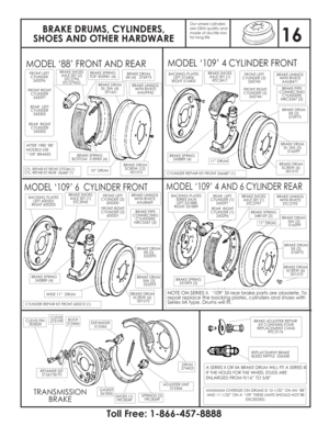 Page 17BRAKE DRUMS, CYLINDERS,
SHOES AND OTHER HARDWARE
MODEL ‘88’ FRONT AND REARMODEL ‘109’ 4 CYLINDER FRONT
MODEL ‘109’ 6 CYLINDER FRONTMODEL ‘109’ 4 AND 6 CYLINDER REAR
FRONT LEFT
CYLINDER
243296FRONT LEFT
CYLINDER (2)
243743
FRONT LEFT
CYLINDER (2)
600200REAR LEFT
CYLINDER (1)
243297 REAR LEFT
CYLINDER
243303 FRONT RIGHT
CYLINDER
243297FRONT RIGHT
CYLINDER (2)
243744
FRONT RIGHT
CYLINDER (2)
600201REAR RIGHT
CYLINDER (1)
243296 REAR RIGHT
CYLINDER
243302BRAKE SHOES
AXLE SET (2)
STC2796
STC2796GBRAKE SHOES...