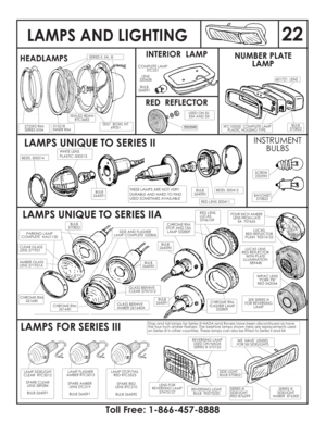 Page 23LAMPS AND LIGHTING
HEADLAMPSNUMBER PLATE
LAMP
SEALED BEAM
RTC3683
0051 BOWL KIT
69051
SERIES II, IIA, III
601721 LENS
XFC100550 COMPLETE LAMP
PLASTIC HOUSING TYPE.
LAMPS UNIQUE TO SERIES II
LAMPS UNIQUE TO SERIES IIA
LAMPS FOR SERIES III
BEZEL 500514
THESE LAMPS ARE NOT VERY
DURABLE AND HARD TO FIND
USED SOMETIMES AVAILABLEBEZEL 500412
RED LENS 500411
WHITE LENS
PLASTIC 500513
PARKING LAMP
COMPLETE AAU1130
CLEAR GLASS
LENS 271931
AMBER GLASS
LENS 271931A
CHROME RIM
261640
CHROME RIM
261640GLASS BEEHIVE...