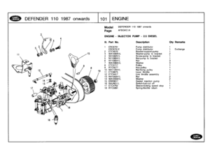 Page 102
DEFENDER
1101987
onwards

	

1101
ENGINE

Model

Page

ENGINE
-
INJECTOR
PUMP
-
2
.5
DIESEL

DEFENDER
110
1987
onwards

AFBGKC1A

III
.
Part
No
.
Description
Oty
Remarks

t
ERC6761
Pump
distributor
1
ERC6761
E
Pump
distributor
1
Exchange
2
ETC4070
Bracket-support-pump
t
3
WA108051L
Washer-pump
to
bracket
2
4
SH108251L
Screw-pump
to
bracket
t
5
NY108041L
Nut-pump
to
bracket
1
6
NY108041L
Nut
37
WA108051L
Washer
38
ETC5717
Pulley
1
9
RTC5077
Key-pulley
1
10
NH112041L
Nut-fixing
pulley
1
11
ETC6675
Lever...