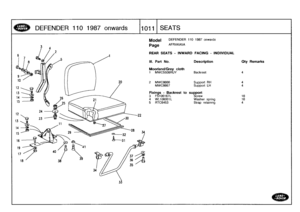 Page 1012
DEFENDER
110
1987
onwards
-
	11011
SEATS

Model

Page

DEFENDER
110
1987
onwards

AFRXKA5A

REAR
SEATS
-
INWARD
FACING
-
INDIVIDUAL

Ill
.
Part
No
.

Moorland/Grey
cloth
1
MWC5508RUY

Description

Backrest

Qty
Remarks

4

2
MWC8666
Support
RH
4
MWC8667
Support
LH
4

Fixings
-
Backrest
to
support
3
FS106167L
Screw
164
WL106001L
Washer
spring16
5
RTC6453
Strap
retaining
4 