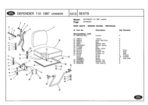 Page 1014
DEFENDER
110
1987
onwards

	

110131
SEATS

Model

Page

DEFENDER
110
1987
onwards

AFRXKA5A

REAR
SEATS
-
INWARD
FACING
-
INDIVIDUAL

22

Ill
.
Part
No
.
Description
Qty
Remarks

Moorland/Grey
cloth
20
MWC5507RUY
Cushion
4

21
349516
Interior
4
22
306316
Panel
seat
base
4
23
243618
Stud
4
24
3852L
Washer
plain
4
25
WM702001L
Washer
spring
4
26
RTC608
Nut
4
27
312028
Buffer
rubber
4
28
307418
Finisher
4
Front
29307419
Finisher
RH
4
Side30
307420
Finisher
LH
4
Side
31
20138Screw
8
Finisher
20147Screw
16...