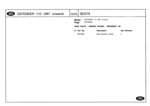 Page 1016
DEFENDER
1101987
onwards

	

1015
SEATS

Model

Page

DEFENDER
110
1987
onwards

AFRXKA6A

REAR
SEATS
-
INWARD
FACING
-
DEFENDER
130

111
.
Part
No
.

	

Description

	

Qty
Remarks

RRC2485

	

Seat
assembly
slatted

	

2 