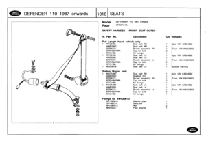 Page 1017
DEFENDER
110
1987
onwards

	

L,
0161
SEATS

---------------------------------------
1
------------------------------------------

Model

Page

SAFETY
HARNESS

III
.
Part
No
.

Full
Length
Hood
vehicle
only

DEFENDER
110
1987
onwards

AFRXPA1A

FRONT
SEAT
OUTER

Description
Oty
Remarks

Upto
VIN
KA924692

)From
VIN
KA924693

Upto
VIN
KA924692

)
Audible
warning

)From
VIN
KA924693

Upto
VIN
KA924692

)From
VIN
KA924693

)

Upto
VIN
KA924692

)From
VIN
KA924693

1

1
RTC6105
Seat
belt
RH
1
AWR2002
Seat...