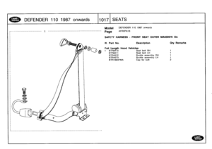 Page 1018
DEFENDER
110
1987
onwards

	

1017
SEATS

______________________________
1
-----------------------------------------------

Model

Page

DEFENDER
110
1987
onwards

AFRXPA1B

SAFETY
HARNESS
-
FRONT
SEAT
OUTER
MA939976
On

Ill
.
Part
No
.

	

Description

	

Oty
Remarks

Full
Length
Hood
Vehicles
1

	

BTR8410

	

Seat
belt
RH

	

1
BTR8411

	

Seat
belt
LH

	

1
BTR4372

	

Buckle
assembly
RH

	

1
BTR4373

	

Buckle
assembly
LH

	

1
BTR1884PMA

	

Cap
for
bolt

	

2 