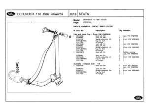 Page 1020
DEFENDER
110
1987onwards

	

110191
SEATS

r-----------------------------
1
-----------------------------------------------

Model

Page

DEFENDER
110
1987
onwards

AFRXPA2A

KA924692
KA924693

KA924692
KA924693

arning
KA924692
KA924693

JA907021
KA924692
KA924693

SAFETY
HARNESS

III
.
Part
No
.

Caband
Hard
Top
1
MXC5488

-
FRONT
SEATS
OUTER

Description

-
From
VIN
EA352030
Seat
belt
RH

Oty
Remarks

1
Upto
VIN
BTR6562
Seat
belt
RH
1
)
BTR4372
Buckle
assembly
RH
1
)From
VIN
BTRI884PMA
Cap
for
bolt...