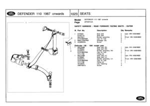 Page 1024
DEFENDER
110
1987
onwards

	

1023
SEATS

_____________________
1
------------------------------------------------------

Model

Page

DEFENDER
110
1987
onwards

AFRXPC2A

SAFETY
HARNESS
-
REAR
FORWARD
FACINGSEATS
-
OUTER

KA924692
KA924693
KA924692
KA924693
KA924692

KA924693

111
.
Part
No
.
Description
City
Remarks

1
BTR304
Seat
belt
2Upto
VIN
BTR5779
Seat
belt
2
)
MXC5521
Buckle
assembly
2
)From
VIN
BTR1884PMA
Cap
for
bolt
4
)
2
MWC1055PMA
Stowage
clip
23
AC606044L
Screw
2

Defender
130
-
1991...