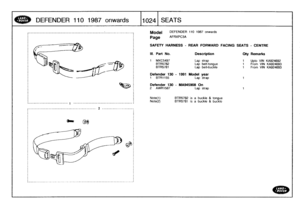 Page 1025
DEFENDER
110
1987onwards

	

110241
SEATS

Model

Page

DEFENDER
110
1987
onwards

AFRXPC3A

SAFETY
HARNESS
-
REAR
FORWARD
FACING
SEATS
-
CENTRE

Note(1)

	

BTR5782
is
a
buckle
&
tongue
Note(2)

	

BTR5781
is
a
buckle
&
buckle--------------------------
1
_______________________________________,

III
.
Part
No
.
Description
Qty
Remarks

1
MXC5497
Lap
strap
1
Upto
VIN
KA924692
BTR5782
Lap
belt-tongue
1
From
VIN
KA924693
BTR5781
Lap
belt-buckle
1
From
VIN
KA924693

Defender
130
-
1991
Model
year
1...