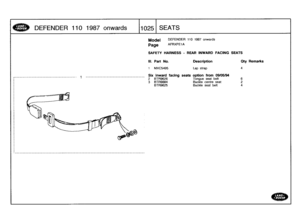 Page 1026
DEFENDER
110
1987
onwards

	

110251
SEATS

________________________________________
1
_______________________________________

Model

	

DEFENDER
1101987
onwards

PageAFRXPEIA

SAFETY
HARNESS
-
REAR
INWARD
FACING
SEATS

III
.
Part
No
.

	

Description

	

Qty
Remarks

1

	

MXC5495

	

Lap
strap

	

4

Six
inward
facing
seats
option
from
09/05/94
2
BTR9626

	

Tongue
seat
belt

	

6
3
BTR9884

	

Buckle
centre
seat

	

2
BTR9625

	

Buckle
seat
belt

	

4 