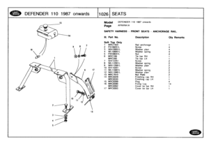 Page 1027
D
EFENDER
110
1987onwards

	

110261
SEATS

15
Model

Page

SAFETY

DEFENDER
110
1987
onwards

AFRXRAIA

HARNESS-
FRONT
SEATS
-
ANCHORAGE
RAIL
.

III
.
Part
No
.
Description
My
Remarks

Soft
Top
Only
1
MRC7354
Rail
anchorage
1
2
FS108251L
Screw
43
WA108051L
Washer
plain
44
WL108001L
Washer
spring
45
FN108041L
Nut46
MRC199
Tie
bar
RH
1
MRC200
Tiebar
LH
1
7
SH112251
Screw
2
8
WL112001L
Washer
spring
29
WA112081L
Washer
plain
2
10
SH110201
Screw
2
11
WL11OD01L
Washer
spring
2
12
WA110061L
Washer
plain
213...