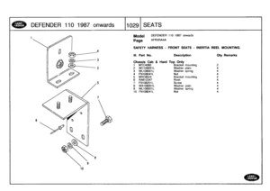 Page 1030
DEFENDER
110
1987
onw
ards

	

1029
SEATS

Model

Page

DEFENDER
110
1987
onwards

AFRXRA4A

SAFETY
HARNESS
-
FRONT
SEATS
-
INERTIA
REEL
MOUNTING
.

111
.
Part
No
.
Description
Oty
Remarks

Chassis
Cab
&
Hard
Top
Only
1
MTC4090
Bracketmounting
2
2
WC108051L
Washer
plain
4
3
WL108001L
Washer
spring
4
4
FN108041L
Nut
4
5
MRC8524
Bracketmounting
26
RA612347
Rivet
4
7
FS108251L
Screw
4
8
WAI08051
L
Washer
plain
4
9
WL108001L
Washer
spring
4
10
FN
108041L
Nut
4 