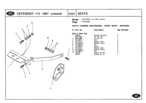 Page 1032
DEFENDER
1101987
onwards

	

11031
t
SEATS

6

Model

Page

DEFENDER
110
1987
onwards

AFRXRA6A

SAFETY
HARNESS
ANCHORAGES
-
FRONT
SEATS
-
SEATBASE
.

111
.
Part
No
.
Description
Oty
Remarks

Soft
&
Hard
Top
1
395252
Bracket
mounting2
MRC4885
Tiebar
RH
1
2MRC4886
Tiebar
LH
1
3
FB108071L
Bolt
4
4
AFU1079
Washer
plain
6
5
WL108001L
Washer
spring
46
FN108041L
Nut2
7
FS108251L
Screw
2
8
AFU1079
Washer
plain
49
WL108001L
Washer
spring
210
FN108041L
Nut
2
11
345100Gusset
sill
RH
1
345101
Gusset
sill
LH
1 