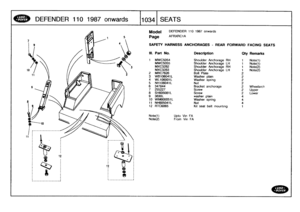 Page 1035
DEFENDER
11
0
1
98
7
onwards

	

034
SEATS

Model

	

DEFENDER
110
1987
onwards

5
Page
AFRXRCIA

SAFETY
HARNESS
ANCHORAGES
-
REAR
FORWARD
FACING
SEATS

-4

Note(t)

	

Upto
Vin
FA
Note(2)

	

From
Vin
FA

111
.
Part
No
.
Description
Oty
Remarks

1
MWC5054
Shoulder
Anchorage
RH
1
Note(t)
MWC5055
Shoulder
Anchorage
LH
1
Note(7)
MXC3282
Shoulder
Anchorage
RH
1
Note(2)
MXC3283
Shoulder
Anchorage
LH
1
Note(2)
2
MRC7626
Bolt
Plate
23WB106041L
Washer
plain
2
4
WL106001L
Washer
spring
25
NHlDB041L
Nut2
6...