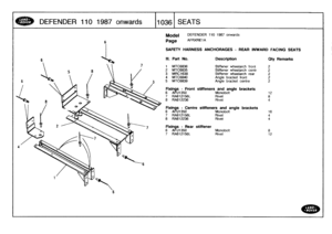 Page 1037
DEFENDER
110
1987
onwards

	

1036f
SEATS

Model

Page

DEFENDER
110
1987
onwards

AFRXRE1A

SAFETY
HARNESS
ANCHORAGES
-
REAR
INWARD
FACING
SEATS

7

Ill
.
Part
No
.
Description
Oty
Remarks

1
MTC6836
Stiffener
wheelarch
front
2
2MTC6835
Stiffener
wheelarch
centr
2
3
MRC1638
Stiffener
wheelarch
rear
2
4MTC6840
Angle
bracket
front
2
5MTC6a39
Angle
bracket
centre
2

Fixings
-
Front
stiffeners
and
angle
brackets
6
AFU1350
Monobolt12
7
RA612156L
Rivet
8
8
RA612236
Rivet
4

Fixings
-
Centre
stiffeners
and...