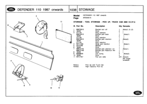 Page 1039
DEFENDER
110
1987
onwards

	

110381
ST
OWAGE

3

10
9

Model

Page

DEFENDER
110
1987
onwards

AFSXAA1A

11

	

STOWAGE
-
TOOL
STOWAGE
-
PICK
UP,
TRUCK
CAB
AND
H
.C.P.U
.

Note(1)

	

Pick
Up
and
Truck
Cab
Note(2)

	

High
Capacity
Pick
Up

III
.
Part
No
.
Description
Qty
Remarks

1
MWC9313
Bracket
tool
roll
1
)Note(1)
&2
78248
Rivet
2
)
3
371144
Ring
retention
1
)
MWC9313
Bracket
jack
base
1
)Note(1)
78248
Rivet
2
)
371144
Ring
retention
1
)
MWC9313
Bracket
jack
retention
1
)Note(2)
78248
Rivet
2
)...