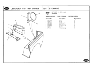 Page 1042
DEFENDER
110
1987
onwards

	

110411
STOWAGE

Model

Page

DEFENDER
110
1987
onwards

AFSXAA4A

MISCELLANEOUS
-
TOOL
STOWAGE
-
STATION
WAGON

III
.
Part
No
.
Description
Oty
Remarks

1
MTC1359
Strap
2
2
78248
Rivet
23
AFU1256
Washer
plain
2
4MTC1357
Bracket
1
5
MTC1356
Ring
retaining
1
6
MWC9313
Bracket
2
7
78248
Rivet
4
8
371144
Ring
retaining
2 