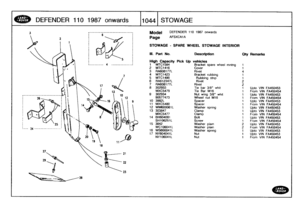 Page 1045
DEFENDER
11
0
1
98
7o
n
wards

	

11044
STOWAGE

Model

Page

STOWAGE
-
SPARE
WHEEL
STOWAGE
INTERIOR

DEFENDER
110
1987
onwards

AFSXCA1A

FA450453FA450454FA450453FA450454FA450453FA450454
FA450453FA450453
FA450454FA450453FA450454
FA450453
FA45D454FA450453FA450453
NY106041L

	

Nut

	

1

	

From
VIN
FA450454

Ill
.
Part
No
.
Description
Oty
Remarks

High
Capacity
Pick
Up
vehicles
1
MTC1584
Bracketsparewheel
mntng
1
2MTC1416
Cover
1
3
RA608177L
Rivet
44MTC1423
Bracket
rubbing
1
5MTC1490
Rubbing
strip
1...