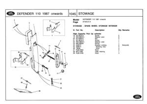 Page 1046
DEFENDER
110
1987
onwards

	

110451
ST
OWAGE

Model

Page

STOWAGE
-
SPARE
WHEEL
STOWAGE
INTERIOR

DEFENDER
110
1987
onwards

AFSXCAIA

III
.
Part
No
.
Description
Oty
Remarks

HighCapacity
Pick
Up
vehicles
18
SE106161L
Screw
4
19
WA
-1
06041L
Washer
plain
8
20
NY106041L
Nut
4
21
SE106161L
Screw
1
22
WA706041L
Washer
plain
1
23
MR106300
Rivnut
1
24
332672
Bracketrubbing
2
Bodyside
25
332674
Rubbing
strip
2
26
78248
Rivet
4
27
RU612503
Rivet
4
28
MTC1592
Plate
wearing
1
29
RU612183
Rivet
4 