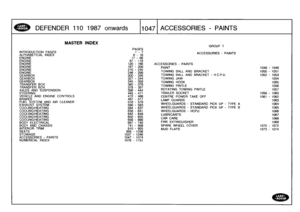 Page 1048
DEFEN
DER
1101987onwards

	

110471
ACCESSORIES
-
PAINTS

INTRODUCTION
PAGES
ALPHABETICAL
INDEXENGINEENGINEENGINEENGINEENGINEENGINE
GEARBOXGEARBOX
GEARBOX
TRANSFER
BOX
TRANSFER
BOX
AXLES
AND
SUSPENSION
STEERING
VEHICLE
AND
ENGINE
CONTROLS
BRAKES
FUEL
SYSTEM
AND
AIR
CLEANER
EXHAUST
SYSTEM
COOLING/HEATINGCOOLING/HEATINGCOOLING/HEATINGCOOLING/HEATINGCOOLING/HEATING
BODY
ELECTRICAL
BODY
AND
CHASSIS
INTERIOR
TRIM
SEATS
STOWAGE
ACCESSORIES
-
PAINTS
NUMERICAL
INDEX

MASTER
INDEX

PAGES
1
-
78
-
1617
-
66...