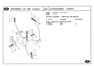 Page 1052
DEFENDER
110
1987
onwards

	

110511
ACCESSORIES
-
PAINTS

6
Model

Page

DEFENDER
110
1987
onwards

AFTXCA1A

OPTIONAL
EQUIPMENT
-
TOWING
BALL
AND
BRACKET

Ill
.
Part
No
.

	

Description

Fixings
-
Towing
ball
to
attachment
bracket
19
BH116121L

	

Bolt
20
RTC625

	

Washer
21
NY116041L

	

Nut

Qty
Remarks

224 