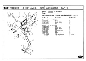 Page 1054
DEFENDER
1101987
onwards

	

110531
ACCESSORIES
-
PAINTS

Model

Page

OPTIONAL
EQUIPMENT
-
TOWING
BALL
AND
BRACKET
-
H
.C
.P.U
.

III
.
Part
No
.

DEFENDER
110
1987
onwards

AFTXCAP-A

Description

	

City
Remarks

Fixings
-
Tie
bar
to
bracket
19
SH110301

	

Screw

	

2
20
WA110001
L

	

Washer
plain

	

4
21
WL110001

	

Washer
spring

	

2
22
NY110041L

	

Nut

	

2

Fixings
-
Tie
bar
to
chassis
23
BH110201L

	

Bolt

	

2
24
WA110001L

	

Washer
plain

	

4
25
WL110001

	

Washer
spring

	

2
26...