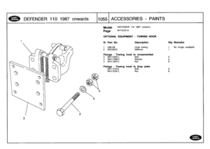 Page 1056
DEFENDER
110
1987
onwards

	

110551
ACCESSORIES
-
PAINTS

Model

Page
DEFENDER
110
1987
onwards

AFTXCE1A

available

OPTIONAL
EQUIPMENT
-
TOWING
HOOK

III
.
Part
No
.
Description
Qty
Remarks

1
246109Hook
towing
1
No
longer
2
NRC8323
Stiffener
1

Fixings
-
Towing
hook
to
crossmember
3
BH112201L
Bolt
4
4
WA112081L
Washer
45
NH112041L
Nut
8

Fixings
-
Towing
hook
to
drop
plate
BH112101
L
Bolt
4
NH112041L
Nut
8 