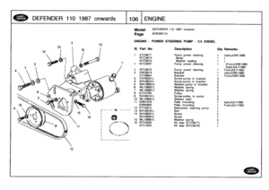 Page 107
DEFENDER
1101987
onwards

	

11
06
ENGINE

5

15

2

12
13

Model

Page

DEFENDER
110
1987
onwards

AFBGNCIA

ENGINE
-
POWER
STEERING
PUMP
-
2
.5
DIESEL

III
.
Part
No
.
Description
Oty
Remarks

1
ETC9077
Pump
power
steering
t
)UptoJUNE1989
RTC5674
Banjo
1)
RTC5675
Washer
sealing
1)
1
NTG8287
Pump
power
steering
1
)FromJUNE1989
)UptoJULY1992
1
NTC9070
Pump
power
steering
1
FromJULY1992
2
ERC6974
Bracket
1
UptoJUNE1989
ETC8854
Bracket
1
FromJUNE1989
3
FS
106201L
Screw-pump
to
bracket
4
4
SH108251L...