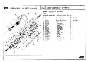 Page 1062
DEFENDER
110
1987
onwards
:110611
ACCESSORIES
-
PAINTS

33

Model

Page

DEFENDER
110
1987
onwards

AFTXGA1A

OPTIONAL
EQUIPMENT
-
CENTRE
POWER
TAKE
OFF

r
ed

III
.
Part
No
.
Description
Oty
Remarks

1
FTC988
Power
take-off
centre
1
4
Cylind
FRC8541
Power
take-off
Centre
1
V8
5sp
2
FRC5376
Shaft
output
1

3
FRC5381
Dog
1
4
FRC5379
Fork
selector
1

5
FRC7018
Screw
retaining
1

6
217325
Bearing
1
7
1643
Ball
detent
1
8
NRC255
Spring
detent
1
9
SH112201
Screw
detent
t

10
FRC5380
Shaft
selector
1
11...