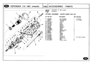 Page 1063
DEFENDER
110
19
87o
nw
ards

	

110621
ACCESSORIES
-
PAINTS

---------------------------------------------------

	

Model

	

DEFENDER
110
1987
onwards

22

23

Page
AFTXGA1A

OPTIONAL
EQUIPMENT
-
CENTRE
POWER
TAKE
OFF

111
.
Part
No
.
Description
Oty
Remarks

22
FRC5391
Rod
operating
1
4
Cylinder
FRG8538
Rod
operating
1
V8
5
speed
23508571
Grommet
1
24
NT110041L
Locknut
1
25
FRC3470
Knob
1
26
FRC5385
Spacer
1
27
STC1130
Bearing
1
28
FRC5387
Seal
oil
i
29236548Mudguard
1
30
FRC5386
Gasket
1
31...