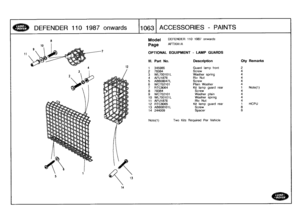 Page 1064
DEFENDER
110
1987
onwards

	

1063
ACCESSORIES
-
PAINTS

1
4

12

Model

Page

DEFENDER
110
1987
onwards

AFTXIAI
A

OPTIONAL
EQUIPMENT
-
LAMP
GUARDS

Note(1)

	

Two
Kits
Required
Per
Vehicle

111
.
Part
No
.
Description
Oty
Remarks

1
345985
Guard
lamp
front
22
78384
Screw
4
3
WL700101
L
Washer
spring
4
4
AFU1876
Riv
Nut45
AB608047L
Screw
4
6
WC702101
Plain
Washer
4
7
RTC8064
Kit
lamp
guard
rear
1
Note(I)
8
78384Screw
49
WC702101
Washer
plain
410
WL700101L
Washer
spring
4
11
AFU1876
Riv
Nut412...