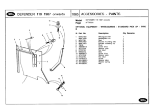 Page 1066
DEFENDER
110
1987
onwards
:
1065
ACCESSORIES
-
PAINTS

1
3

Model

Page

OPTIONAL
EQUIPMENT
-
WHEELGUARDS
-
STANDARD
PICK
UP
-
TYPE

B

DEFENDER
110
1987
onwards

AFTX162A

III
.
Part
No
.
Description
Qty
Remarks

1
MWC1058
Wheelguard
RH
1
MWC1059
Wheelguard
LH
1
2
MR07361
Seal
2
3
MWC1062
Bracket
mounting
side
24
MWC1063
Bracket
mounting
top25
78248
Rivet
86
AB608047L
Screw
drive
87
AFU1218L
Washer
plain
8
8
RTC3745
Nut
lokut
8

9
MRC8732
Stay
2

10
AB608047L
Screw
drive
2

11
AFU1218L
Washer
plain
2...