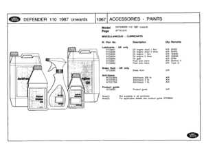 Page 1068
DEFENDER
1101987
onwards

	

110671
ACCESSORIES
-
PAINTS

11111111111
O
F

Model

Page

DEFENDER
110
1987
onwards

AFTXLGIA

MISCELLANEOUS
-
LUBRICANTS

Anti-freeze
RTC57a2ARTC5781ARTC5779A

Product
guide
STC8352

Note(l)
Note(2)

Anti-freeze
205
Itr
Anti-freeze
5
Itr
Anti-freeze
t
Itr

Productguide

A/RA/RA/R
A/R

Not
available
in
all
territories
For
application
details
see
product
guide
STC8352

III
.
Part
No
.
Description
Oty
Remarks

Lubricants
-
UK
only
lllilllllll
STC8257
Oil
engine
shpd
1
litre...