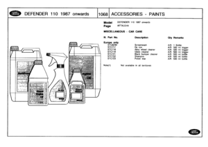 Page 1069
DEFENDER
11
0
1
98
7o
nw
a
r
ds

	

,1068
ACCESSORIES
-
PAINTS

F
WON

lutilltili

1111111111
1
.-.
.

1

Model

	

DEFENDER
110

Page
AFTXLG1A

MISCELLANEOUS
-
CAR

Note(1)

1987
onwards

CARE

Not
available
in
all
territories

i1111111i1
~
-

y
w

Ill
.
Part
No
.
Description
City
Remarks

Europe
only
STC8249
Screenwash
A/R
1
Bottle
STC717De
icer
A/R
500
ml
trigger
STC718
Alloy
wheel
cleaner
A/R500
ml
trigger
STC719
Glass
cleaner
A/R500
ml
trigger
STC721
Black
bumper
cleaner
A/R500
ml
bottle
STC722...