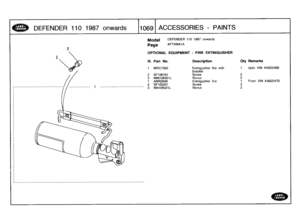 Page 1070
DEFENDER
110
1987
onwards

	

1069
ACCESSORIES
-
PAINTS

Model

	

DEFENDER
110
1987
onwards

Page
AFTXMA1A

OPTIONAL
EQUIPMENT
-
FIRE
EXTINGUISHER

KA922469
KA922470

III
.
Part
No
.
Description
Qty
Remarks

1
MRC7350
Extinguisher
fire
with
1
Upto
VIN
bracket
2
SF106161
Screw
2
3
MM106301L
Rivnut
2

1
ANR2948
Extinguisher
fire
1
From
VIN

2
SF105201
Screw
23
NN105021
L
Rivnut
2 