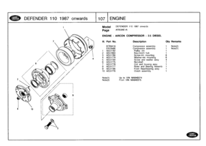 Page 108
DEFENDER
110
1987
onwards

	

1107
ENGINE

Model

Page

DEFENDER
110
1987
onwards

AFBGNEIA

ENGINE
-
AIRCON
COMPRESSOR
-
2
.5
DIESEL

Note(1)

	

Up
to
VIN
MA949374
Note(2)

	

From
VIN
MA949375

III
.
Part
No
.
Description
Qty
Remarks

BTR9419
Compressor
assembly
1
Note(2)
ERC6480
Compressor
assembly
1
Note(1)
1
AEU1782
Pulley
rim
1
2
AEU1694
Key-clutch
hub
1
3
AEU1780
Screw-rimmounting
64
AEU1779
Washer-rim
mounting
6
5
AEU1784
Screw
and
washer
assy4
6
AEU1775
Nut-shaft
1
7
AEU1778
Coil
and
housing...