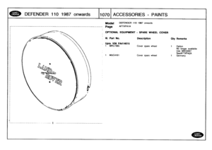 Page 1071
DEFENDER
1101987
onwards

	

1070
ACCESSORIES
-
PAINTS

:-------------------.--------

	

-

	

-------

	

I

	

--------------------------------------------

Model

Page

DEFENDER
110
1987
onwards

AFTXPAIA

OPTIONAL
EQUIPMENT
-
SPARE
WHEEL
COVER

III
.
Part
No
.

Upto
VIN
FA414615
1
MRC7365

Description
Cover
spare
wheel

Oty
Remarks

1
Option
No
longer
available
Use
MXC6407
SeeAFTXPA2A
1
MUC4161
Cover
spare
wheel
1
Germany 