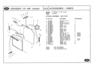 Page 1074
DEFENDER
110
1987
onwards

	

10731
ACCESSORIES
-
PAINTS

18
Model

Page

DEFENDER
110
1987
onwards

AFTXSA1A

OPTIONAL
EQUIPMENT
-
MUD
FLAPS

Note(1)

	

Upto
VIN
FA414615
Note(2)

	

From
VIN
FA414616
Note(3)

	

From
VIN
FA417112-HCPU

III
.
Part
No
.
Description
Qty
Remarks

1
RTC4685
Mud
flap
pair
front
1
2
MTC3874
Stiffener
2

3
MTC3000
Bracket
mounting
rh
1

MTC3001
Bracket
mounting
Ih
1
4
SH106251L
Screw
65
WA106041L
Washer
plain
66
WL106001L
Washer
spring
6
7
NH106041L
Nut
6
8
FS106201L
Flange...