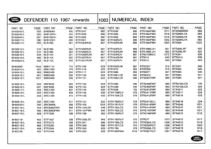 Page 1084
LAND
DEFENDER
110
1987
onwards
110831
NUMERICAL
INDEX

_P
ART
NO
_PAGE
_PART
NO
PAGE
PART
NO
PAGEPART
NO
PAGE
PART
NO
PAGE
PART
NO
PAGE

BH505401L
259
BH608461
435
BTR1047
882
BTR1599
666
BTR1884PMA
1017
BTR2980RWF
889

BH505401L
283
BH610281L
434
BTR1049
882
BTR1600
629
BTR1884PMA
1018
BTR2982LVA
883

BH505441L
287
BH610321L
438
BTR1050
882
BTR1600
666
BTR1884PMA
1019
BTR2983LVA
883

BH506111L
286
BH612321
439
BTR1051
882
BTR162RUV
888
BTR1884PMA
1020
BTR2984LVA
883

BH506111L
293
BLS108L
351...