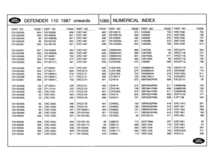 Page 1086c~
~AMD~~
~
DEFENDER
1101987onwards
110851
NUMERICAL
INDEX

PART
N
O
PAGE
_PART
NO
PAGE
PART
NO
PAGEPART
NO
_PAGE
PART
NO
PAG
E
PAR
T
NO
PAGE


CN100258L
654
CN100508
608
CRC1487
493
CR120215
374
C43640
740
DRC1530
734

CN100258L
655
CN100608
601
CRC1487
495
CR120215L
394
C45099
570
DRC1530
736

CN100258L
96
CN100608L
607
CRC1487
496
CR120305
182
C45099
579
DRC1530
737

CN100258L
98
CN100708
564
CRC1487
497
CR120335L
321
C45099L
573
DRC1538
266

CN100308
600
CN100708
601
CRC1487
498
CR120335L
343...