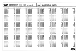 Page 1087
DEFENDER
110
1987
onwards
110861
NUMERICAL
INDEX

PART
NO
PAGE
PART_
NO
-
PAGE
PART
NO
___
--
PAGE
PART
NO
__PAGE
PART
NO
PAGE
_
PART
NO
PAG
E

ERC211
265
ERC3500
615
ERC3955
572
ERC4658

-

66
ERC5128
25

_

ERC5578
32
ERC2135
270
ERC3561
270
ERG3956
278
ERC4670
280
ERC5139
115
ERC5578
83
ERC2139
271
ERC3562
271
ERC3956
279
ERC4820
270
ERC5139
64
ERC5594
268
ERC2143
271
ERC3563
271
ERC3956
554
ERC4877
253
ERC5151
56
ERC5600
135
ERC2144
268
ERC3690
274
ERC3956
558
ERC4878
253
ERC5152
109
ERC5600
136...