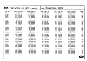 Page 1092
DEFENDER
110
1987
onwards
110911
NUMERICAL
INDEX

PART
NO
PAGE
_PART
NO
PAGE
PART
NO
PAG
E
PART
NO
PAGE
PART
NO
PAGEPART
NO
PAGE
;

ERR560
186
ERR703
175
ERR878
189
ESR1287
527
ESR203
596
ESR2385
5931
1

ERR560
227
ERR703
216
ERR878
96
ESR1287
573
ESR204
596
ESR2386
593

ERR561
143
ERR705
128
ERR879
189
ESR1287
579
ESR2055
601
ESR2422
233

ERR561
187
ERR705
174
ERR879
96
ESR1373
543
ESR208
591
ESR245
540

ERR561
228
ERR705
25
ERR886
194
ESR1373
565
ESR2087
592
ESR246
536

ERR561
40
ERR705
76
ERR886
233...