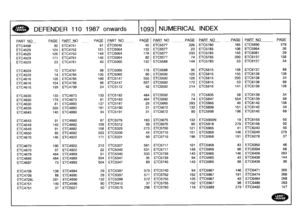 Page 1094
DEFENDER
110
1987
onwards
110931
NUMERICAL
INDEX

PART
NO
_PAGE
P
ART
N
O
PAGE
PART
NOPAGE
PART
NO
_PAGE
PART
NO
PAGEPART
NO
PAGE
-

ETC4498
92
ETC4751
91
ETC5040
45
ETC5577
226
ETC5780
165
ETC5990
279

ETC4529
124
1
ETC4752
101
ETC5064
132
ETC5577
23
ETC5783
106
ETC5994
26

ETC4529
126
ETC4752
149
ETC5064
178
ETC5577
233
ETC5783
155
ETC6081
29

ETC4529
171
ETC4761
146
ETC5064
80
ETC5577
74
ETC5783
200
ETC6137
138

ETC4529
23
ETC476143
ETC5065
132
ETC5588
144
ETC5783
53
ETC6137
34

ETC4529
72
ETC4761...