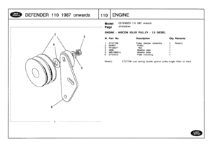 Page 111
DEFENDER
110
1
987
onwards

	

11101
ENGINE

Model

-------------------------------------------------------------------------------------,
Page

-------------------------------------
1
_
._
._____--__------__--.----__-__
.__-----

DEFENDER
110
1987
onwards

AFBGNE4A

ENGINE
-
AIRCON
IDLER
PULLEY
-
2
.5
DIESEL

Note(1)

	

ETC7756
cost
saving
doublegroove
pulley-single
fitted
on
track

Ill
.
Part
No
.
Description
Oty
Remarks

1
ETC7756
Pulley
damper
assembly
1
Note(1)
2
554971
Pulley
1
3
RTC6077
Nut
1
4...