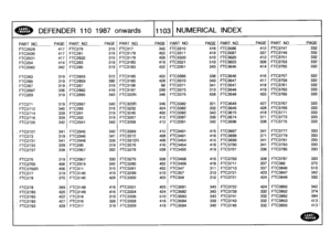 Page 1104
DEFENDER
110
1987onwards
111031
NUMERICAL
INDEX

_PART
NOPAGE
_PART_
NO
__PAGE
PART
NO
PAGE
PART
NO
PAGE
PART
NO
PAGE
PART
NO
PAGE

FTC2529
417
FiC279
319
FTC317
342
FTC3310
418
FTC3586
412
FTC3747
332

FTC2530
417
FTC281
319
FTC3179
422
FTC3311
418
FTC3587
337
FfC3749
332

FTC2531
417
FTC2822
310
FTC3179
428
FT03320
510
FfC3620
412
FTC3751
332

FTC254
414
FTC283
319
FTC3183
419
FTC3321
510
FfC3623
308
FTC3753
332

FTC2582
342
FTC285
319
FTC3183
422
FTC3361
343
FfC3646
414
FTC3755
332

FTC263
319...