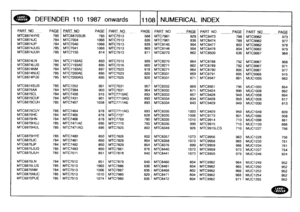 Page 1109
r

&NEJ

_.
1

DEFENDER
110
1987
onwards
111081
NUMERICAL
INDEX

PA
RTNOPAGE
P
ART
NO
PAGE
PART_
NOPAGEPARTNO
-
PAGE
_PART
NO
PAGE
_PART
NO
PAGE
MTC6874HYE
785
MTC6875SUB
785
MTC7513
568
MTC7981
829
MTC8473
788
MTC9962
9731
MTC6874JC
784
MTC7004
1066
MTC7513
826
MTC7981
836
MTC8474
788
MTC9962
977
MTC6874JP
784
MTC7040
1066
MTC7513
839
MTC8145
904
MTC8477
802
MTC9962
978
MTC6874JUG
785
MTC7041
1066
MTC7513
869
MTC8146
904
MTC8478
804
MTC9962
979
MTC6874JUH
785
MTC7155
814
MTC7513
871
MTC8270
862...