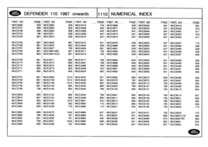 Page 1111
DEFENDER
1101987
onwards
11110
NUMERICAL
INDEX

I
PART
NO
PAGE
_PART
NO
PAGE
-
_PART
NO
-
PAGE
PART
NO
PAGE
PARTNO
-
PAGE
PART
NO
-
_
__PAGE
MUC3695
659
MUC3962
829
MUC4319
754
MUC4866
648
MUC6040
641
MUC6419
891
MUC3707
890
MUC3963
829
MUC4358
640
MUC4871
648
MUC6042
637
MUC6452
MUC3708
890
MUC3964
828
MUC4358
645
MUC4872
647
MUC6042
641
MUC6452
917

9161

MUC3733
786
MUC3971
828
MUC4358
647
MUC4874
647
MUC6050
637
MUC6453
916
MUC3764
861
MUC3974
828
MUC4375
637
MUC4875
647
MUC6050
641
MUC6453
917...