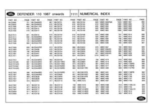 Page 1112
,
CAL
N
DEFENDER
110
1987
onwards
1111
NUMERICAL
INDEX


PART
NO
PAGE
P
ART
NO
_PAGE
_PART
NO
PAGE
PART
NO
PAGE
PART
NO
PAGE
PART
NO
_
PAG
E

MUC6905
751
MUC8409RD
967
MUC8731
833
MUC9154
843
MWC1055PMA
1023
MWC1497
993

MUC6932
884
MUC8409RD
970
MUC8736
816
MUC9155
819
MWC1058
1065
MWC1602
792

MUC7000
450
MUC8411RD
973
MUC8737
816
MUC9155
833
MWC1059
1065
MWC1603
792

MUC7505
476
MUC8412
973
MUC8738
816
MUC9155
843
MWC1062
1065
MWC1608
993

MUC7506
478
MUC8414
967
MUC8739
816
MUC9158
824
MWC1063
1065...