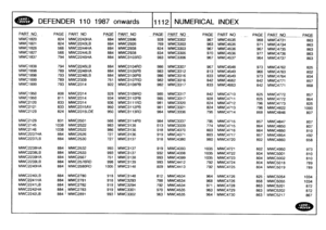 Page 1113
DEFENDER
110
1987
onwards
111121
NUMERICAL
INDEX

PART_
NO
PAGE
PART
NO
PAGE
PART
NO
-
_PAGE
PART
NO
PAGE
PART_
NO
-
PAGEPART
NO
PAGE
MWC1820
824
MWC2243HA
884
MWC2896
928
MWC3302
967
MWC4535
968
MWC4731
863
MWC1821
824
MWC2243LB
884
MWC2926
769
MWC3303
963
MWC4535
971
MWC4734
863
MWC1826
566
MWC2244HA
884
MWC2938
824
MWC3303
967
MWC4536
967
MWC4735
863
MWC1827
566
MWC2244LB
884
MWC2938
834
MWC3305
970
MWC4536
977
MWC4736
863
MWC1837
794
MWC2245HA
884
MWC3103RD
983
MWC3306
967
MWC4537
964
MWC4737
863...