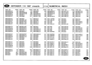 Page 1115
°°
VER
.
DEFENDER
110
1987onwards
111141
NUMERICAL
INDEX

PART
NO
PAGEPART
NO
PAGE
PART
NO
_
PAGE
PART
NO
-
PAGEPART
N
O
-
PAGE
PART
NO
_
PAGEMWC8464LUS
780
MWC8567
781
MWC9340
823
MWC9842RUY
975
MXC1861LCS
919
MXC2651LCS
979
j
MWC8464NCM
780
MWC8590RUM
885
MWC9361
775
MWC9843LCS
976
MXC1874RUP
886
MXC2652LCS
9781
MWC8464NUC
780
MWC9591RUM
885
MWC9369LDE
948
MWC9844LCS
976
MXC1875RUP
886
MXC2728
810
MWC8464SUB
780
MWC8615
1019
MWC937OLDE
948
MWC9917
918
MXC1989LCS
920
MXC2729
810
MWC8465CUF
780
MWC8666...